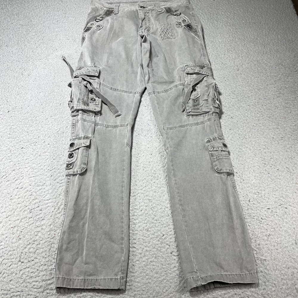 Junye Jeans Cargo Pants Mens 30x32 Gray Denim Multi Pocket Strap Detail Utility